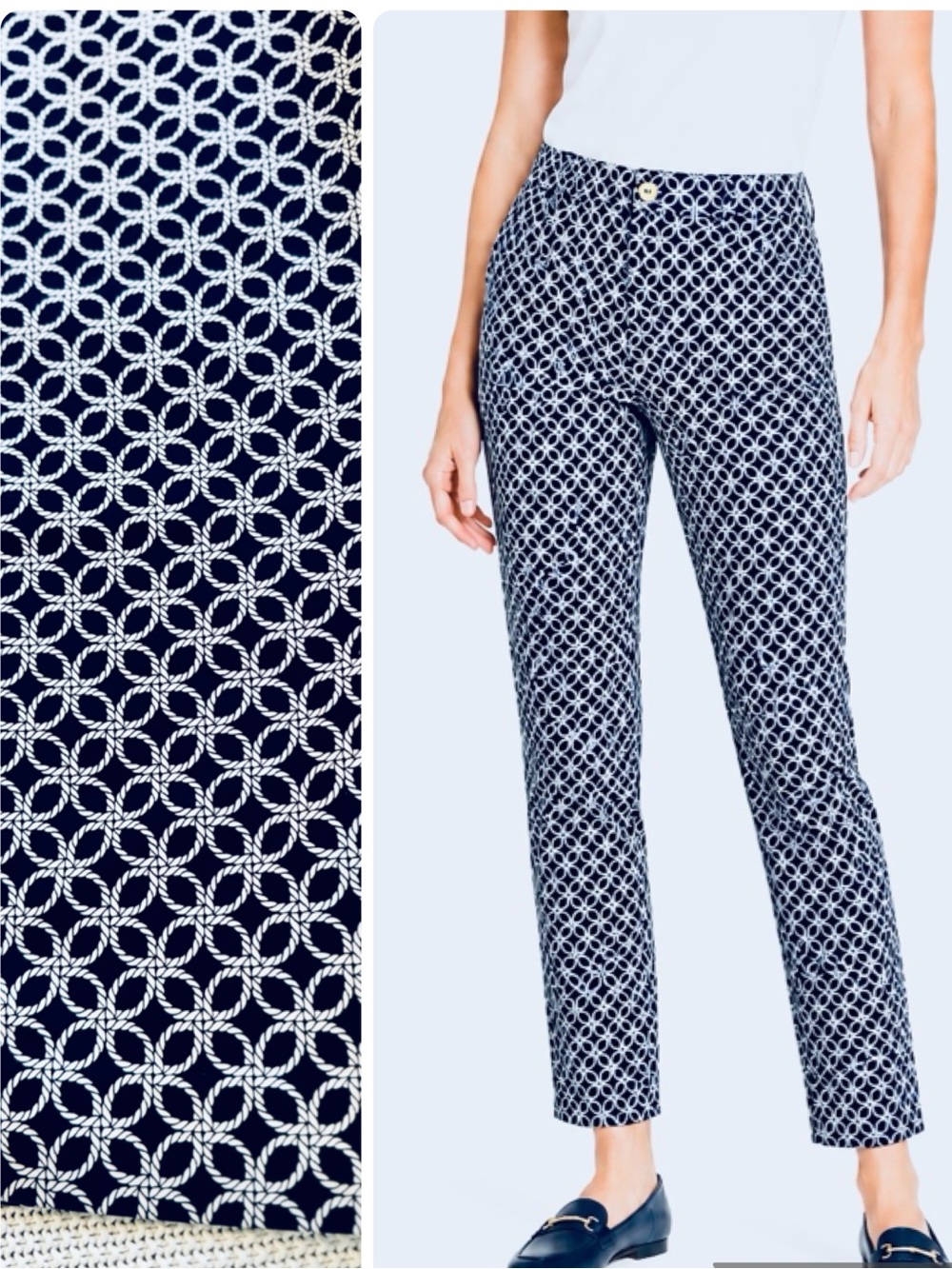 MICHAEL KORS Stretchy Navy Blue & White Geometric Rope Printed Slim Ankle Pants